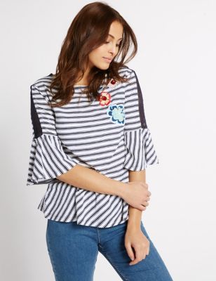 Pure Cotton Striped Peplum T-Shirt